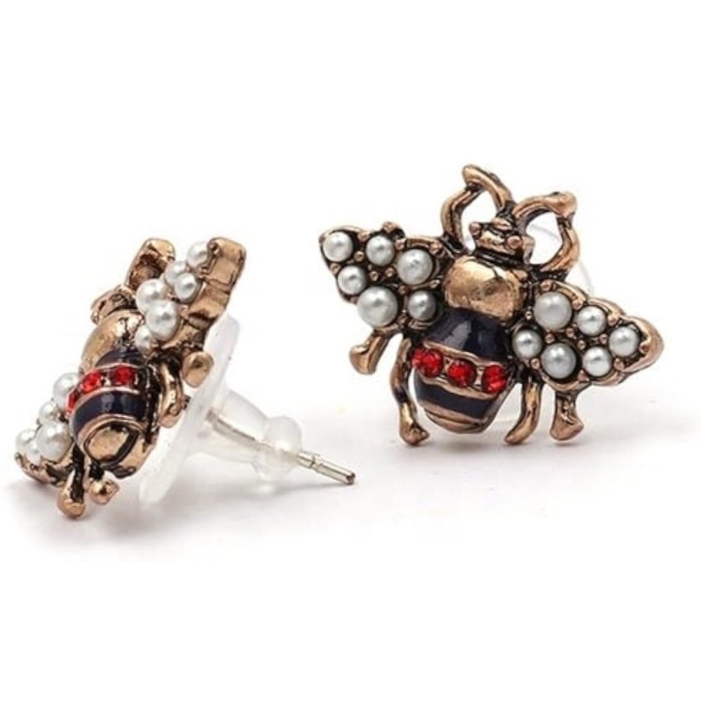 Bee Pearl Lux Red Stone Crystal Earrings - Picture 2 of 5